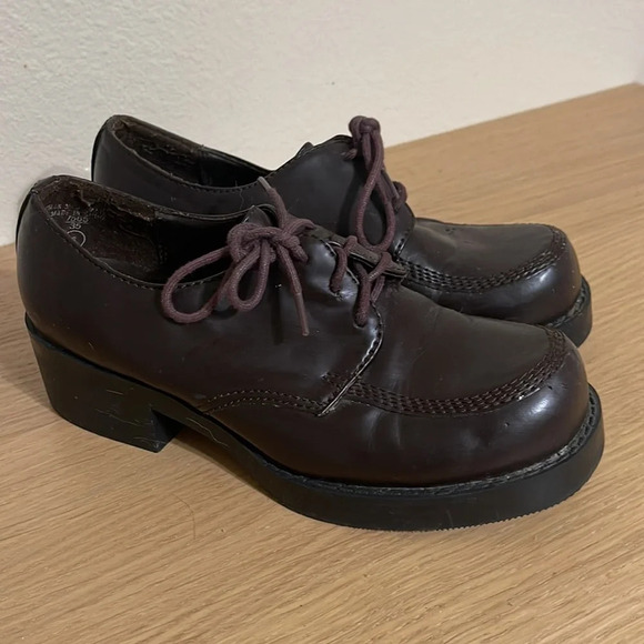 Vintage 90s Y2K Lower East Side Brown Faux Leather Chunky Loafer Lace Up Shoes 6 - Picture 11 of 16